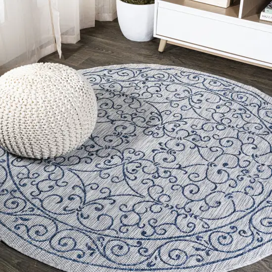 9' Gray And Navy Blue Round Medallion Indoor Outdoor Area Rug Photo 4