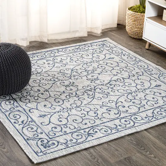 4' Gray And Navy Blue Square Medallion Indoor Outdoor Area Rug Photo 4