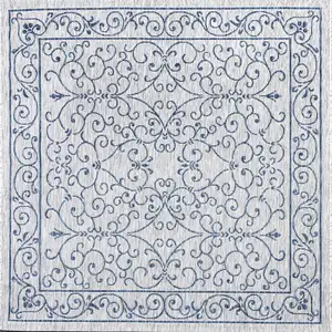 Photo of 6' Gray And Navy Blue Square Medallion Indoor Outdoor Area Rug