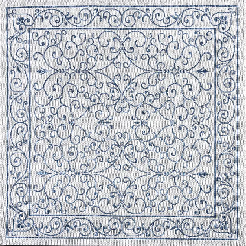 6' Gray And Navy Blue Square Medallion Indoor Outdoor Area Rug Photo 1