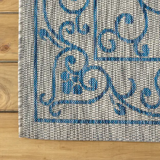 6' Gray And Navy Blue Square Medallion Indoor Outdoor Area Rug Photo 8