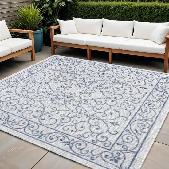 8' Gray And Navy Blue Square Medallion Indoor Outdoor Area Rug Photo 1