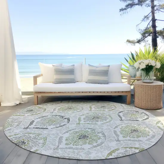 8' Gray And Olive Green Round Medallion Washable Indoor Outdoor Area Rug Photo 6