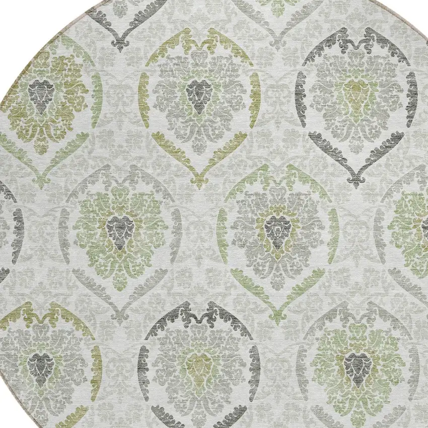 8' Gray And Olive Green Round Medallion Washable Indoor Outdoor Area Rug Photo 4