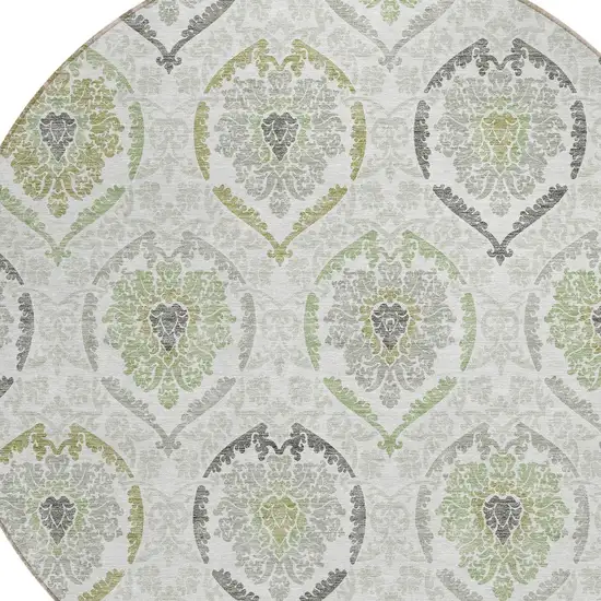 8' Gray And Olive Green Round Medallion Washable Indoor Outdoor Area Rug Photo 4