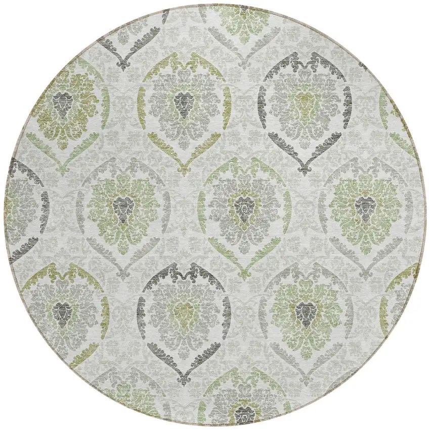 8' Gray And Olive Green Round Medallion Washable Indoor Outdoor Area Rug Photo 5