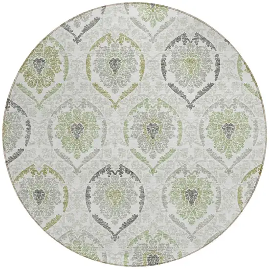 8' Gray And Olive Green Round Medallion Washable Indoor Outdoor Area Rug Photo 5