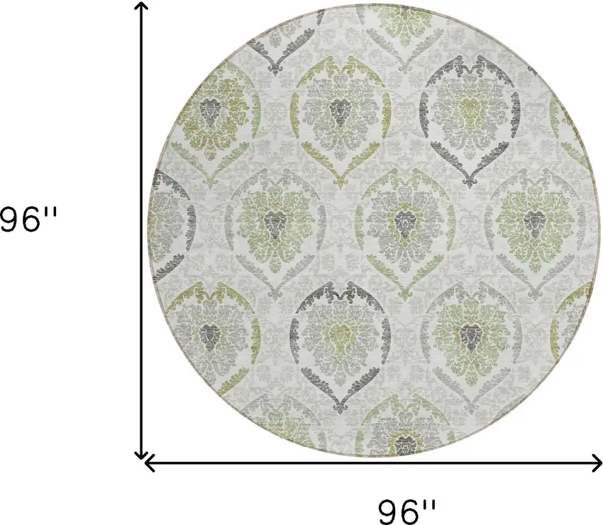 8' Gray And Olive Green Round Medallion Washable Indoor Outdoor Area Rug Photo 3