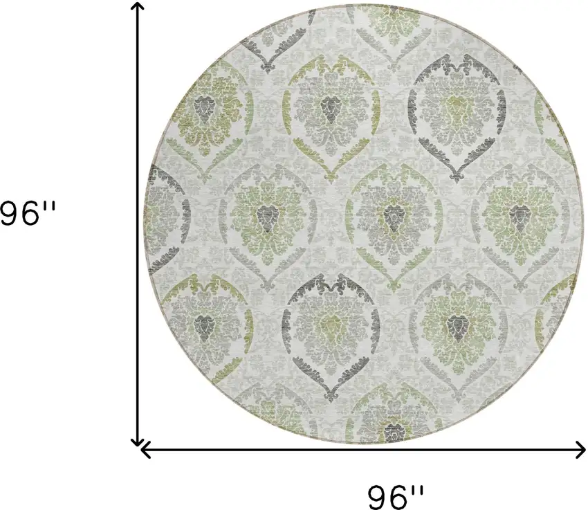 8' Gray And Olive Green Round Medallion Washable Indoor Outdoor Area Rug Photo 3
