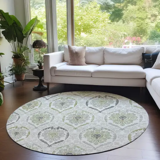 8' Gray And Olive Green Round Medallion Washable Indoor Outdoor Area Rug Photo 7