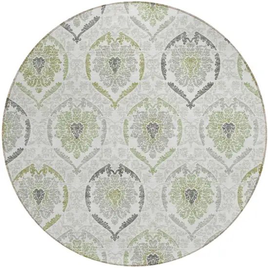 8' Gray And Olive Green Round Medallion Washable Indoor Outdoor Area Rug Photo 2