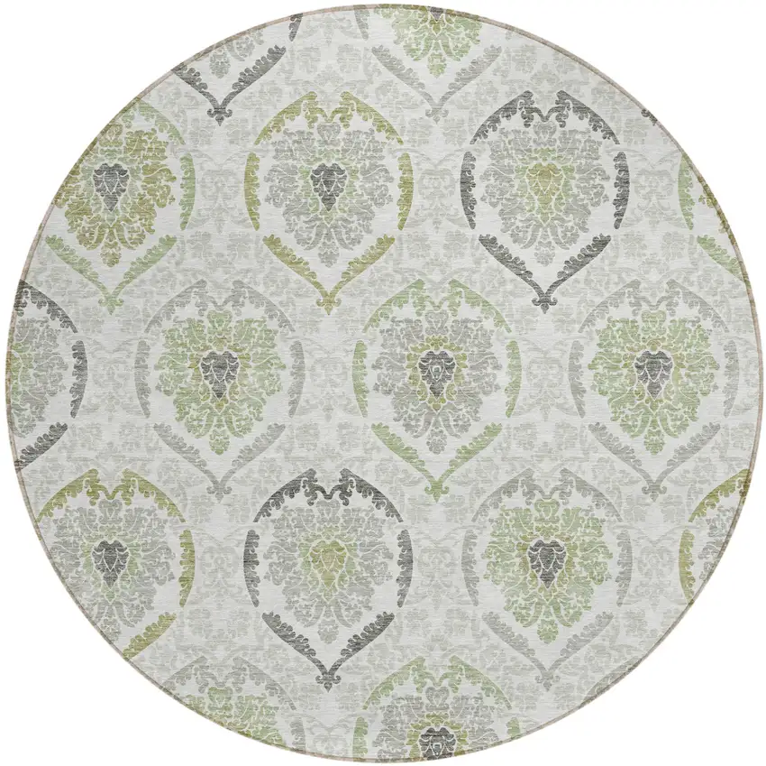 8' Gray And Olive Green Round Medallion Washable Indoor Outdoor Area Rug Photo 2