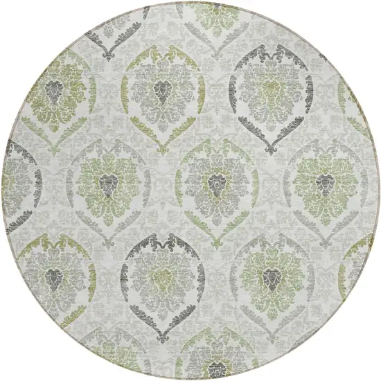 8' Gray And Olive Green Round Medallion Washable Indoor Outdoor Area Rug Photo 2