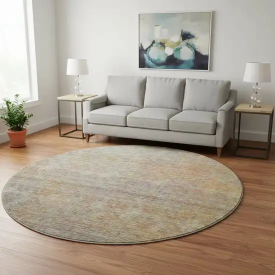 8' Gray And Orange Abstract Washable Round Rug With UV Protection Photo 2