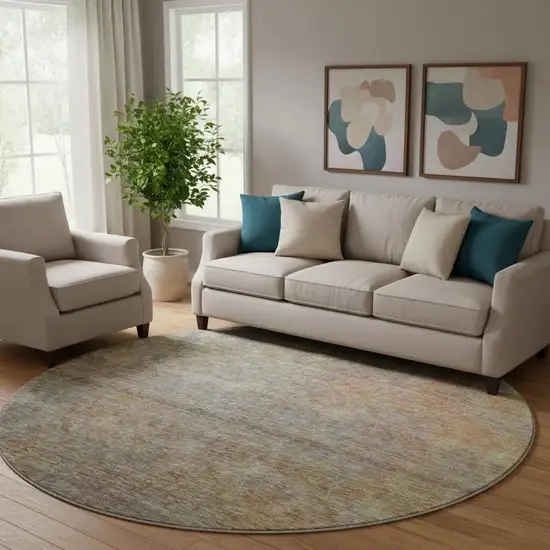 8' Gray And Orange Abstract Washable Round Rug With UV Protection Photo 1