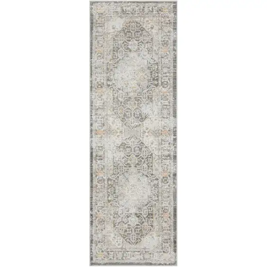 8' Gray And Orange Medallion Runner Rug Photo 2