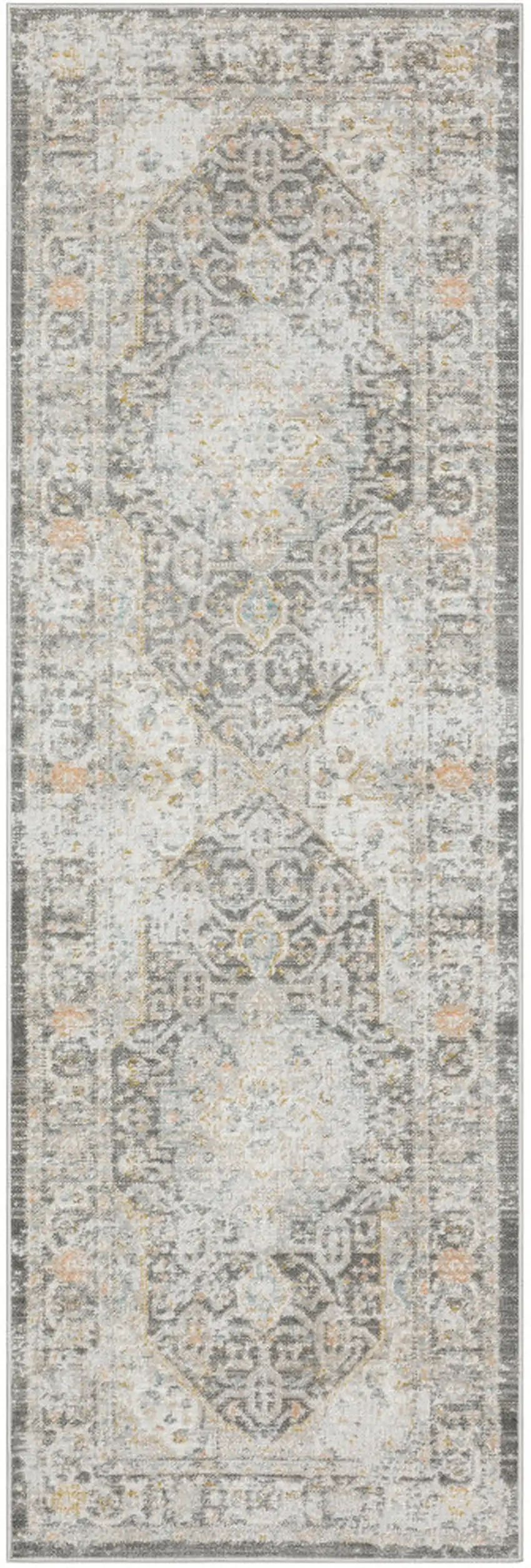 8' Gray And Orange Medallion Runner Rug Photo 2