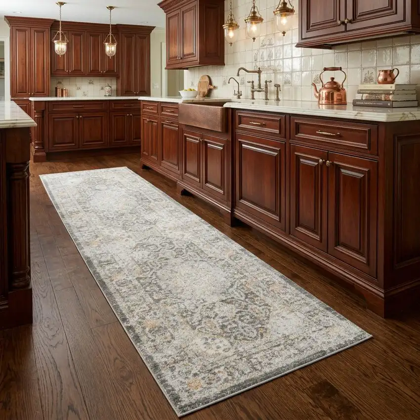 8' Gray And Orange Medallion Runner Rug Photo 1