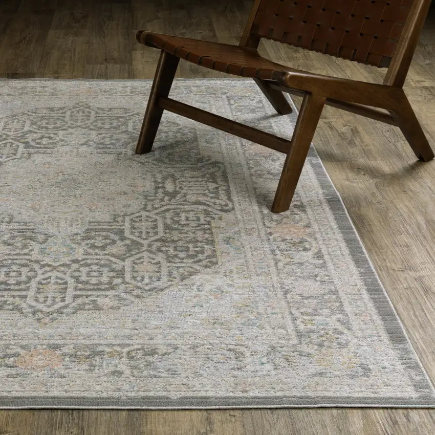 8' Gray And Orange Medallion Runner Rug Photo 5