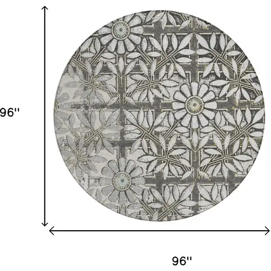 8' Gray And Pewter Round Floral Washable Indoor Outdoor Area Rug Photo 5