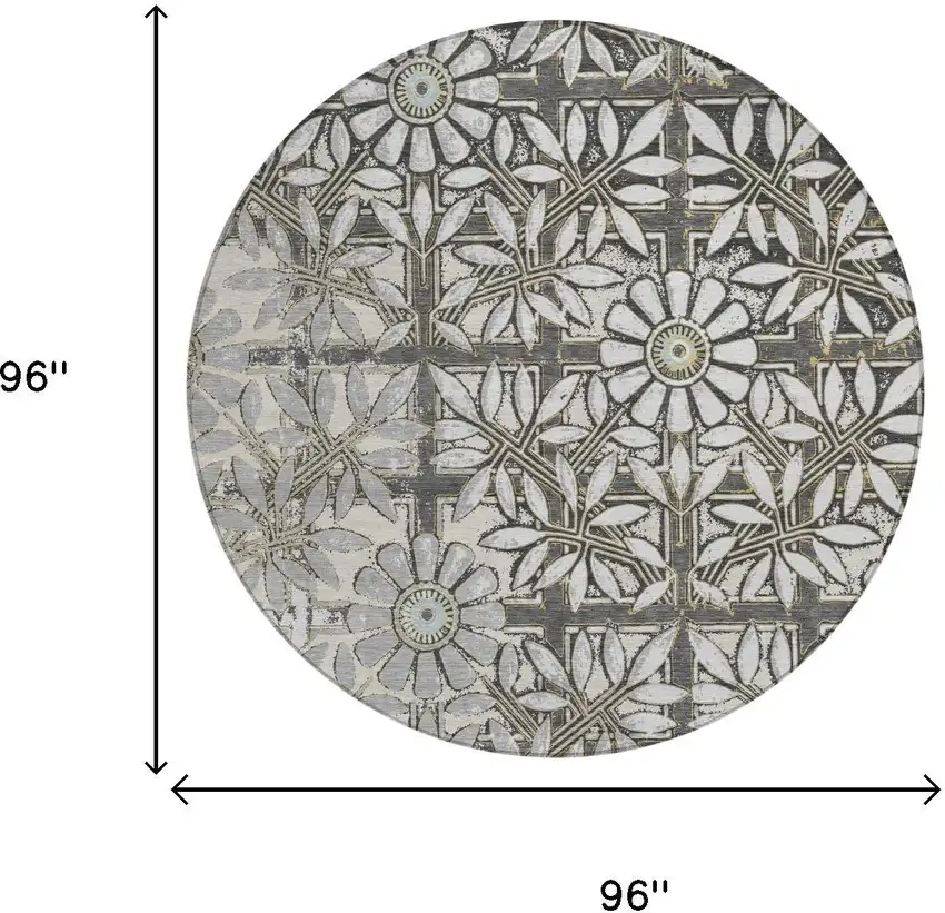8' Gray And Pewter Round Floral Washable Indoor Outdoor Area Rug Photo 5