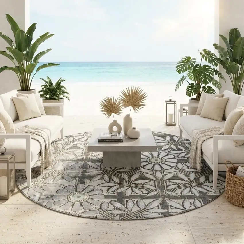 8' Gray And Pewter Round Floral Washable Indoor Outdoor Area Rug Photo 1