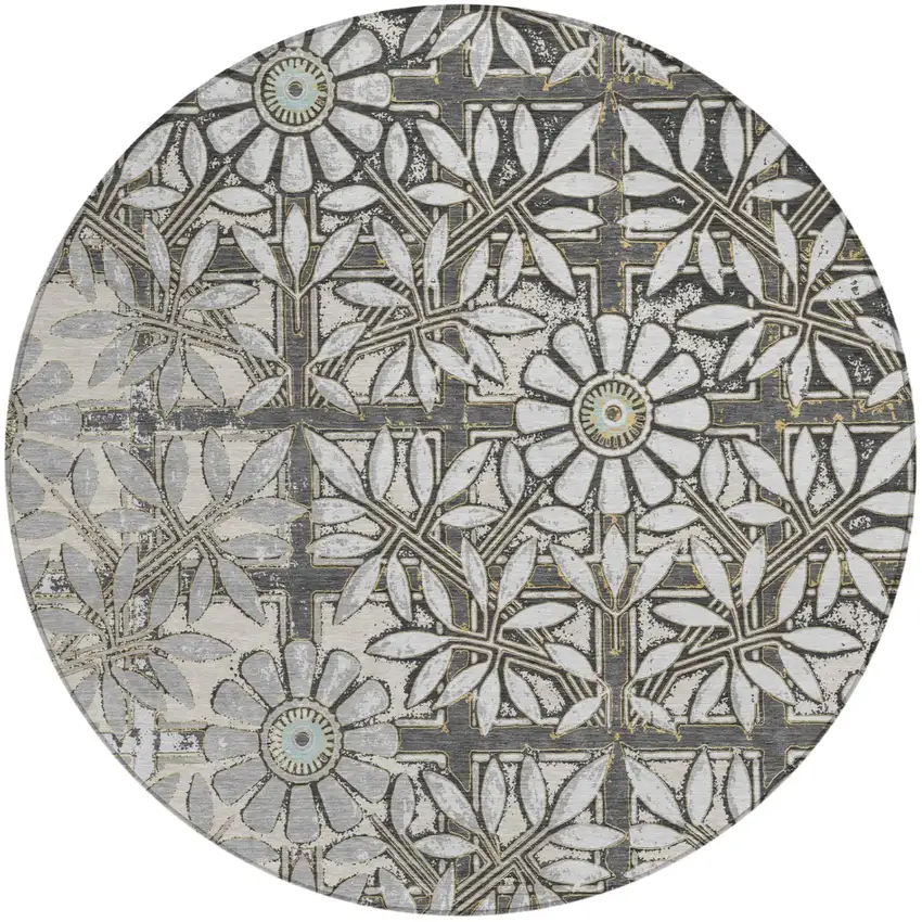 8' Gray And Pewter Round Floral Washable Indoor Outdoor Area Rug Photo 2