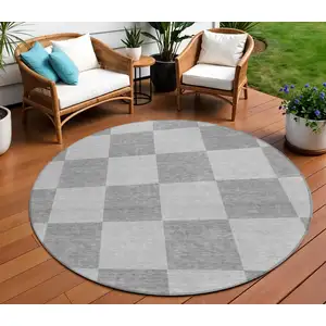 Photo of 8' Gray And Pewter Round Geometric Washable Indoor Outdoor Area Rug