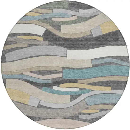 8' Gray And Pewter Round Striped Washable Indoor Outdoor Area Rug Photo 2