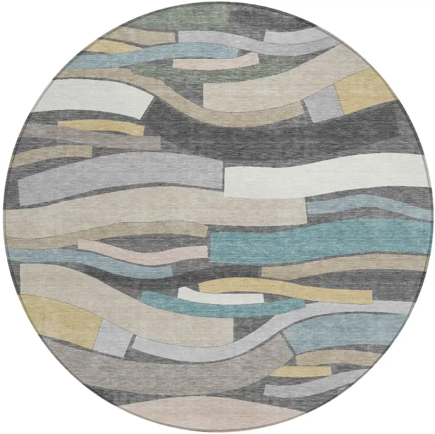 8' Gray And Pewter Round Striped Washable Indoor Outdoor Area Rug Photo 2