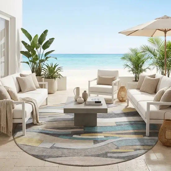 8' Gray And Pewter Round Striped Washable Indoor Outdoor Area Rug Photo 1