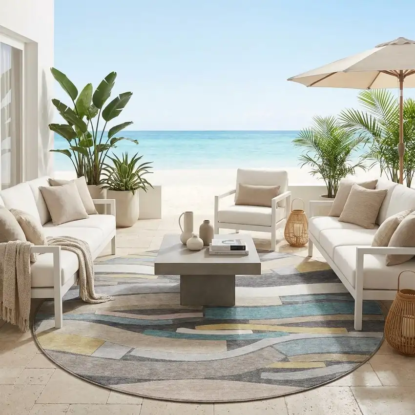 8' Gray And Pewter Round Striped Washable Indoor Outdoor Area Rug Photo 1