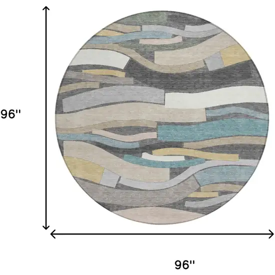 8' Gray And Pewter Round Striped Washable Indoor Outdoor Area Rug Photo 5