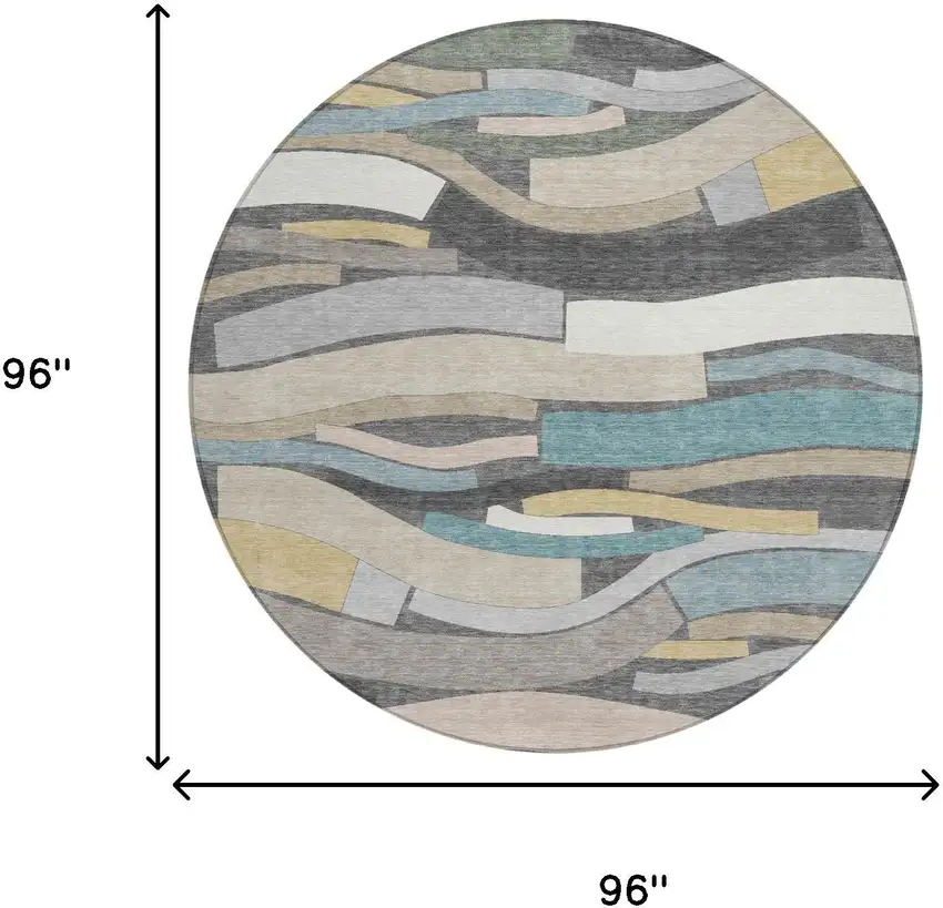 8' Gray And Pewter Round Striped Washable Indoor Outdoor Area Rug Photo 5