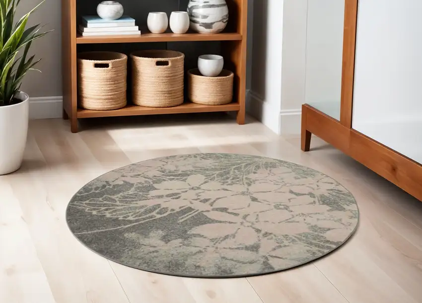 5' Gray And Pink Floral Round Rug Photo 1