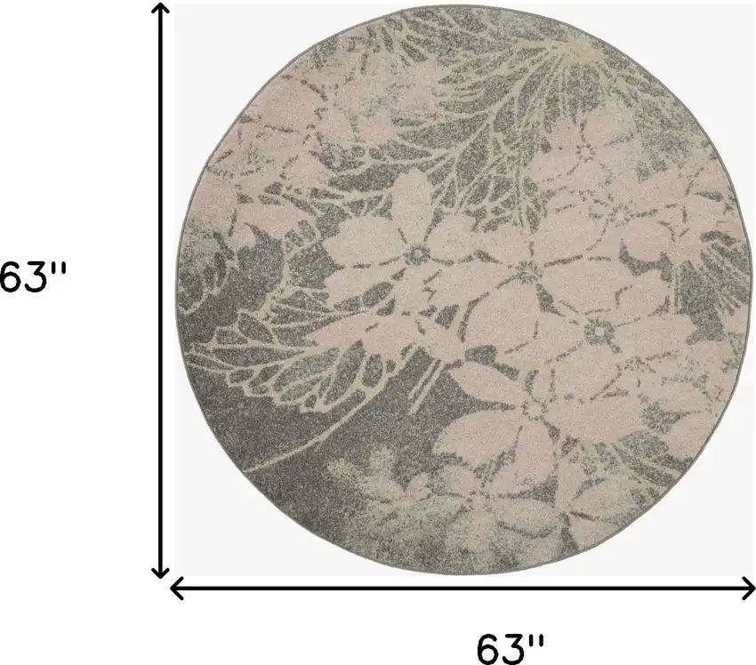 5' Gray And Pink Floral Round Rug Photo 3