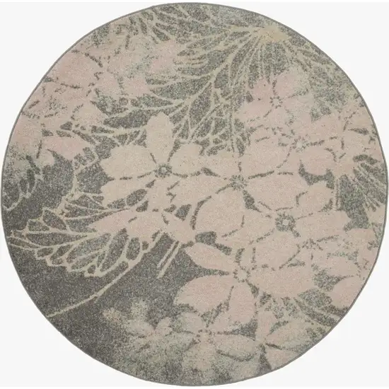5' Gray And Pink Floral Round Rug Photo 2
