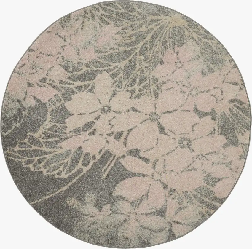 5' Gray And Pink Floral Round Rug Photo 2