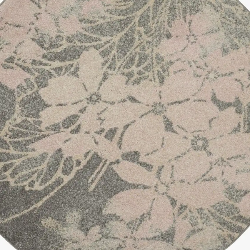 5' Gray And Pink Floral Round Rug Photo 4