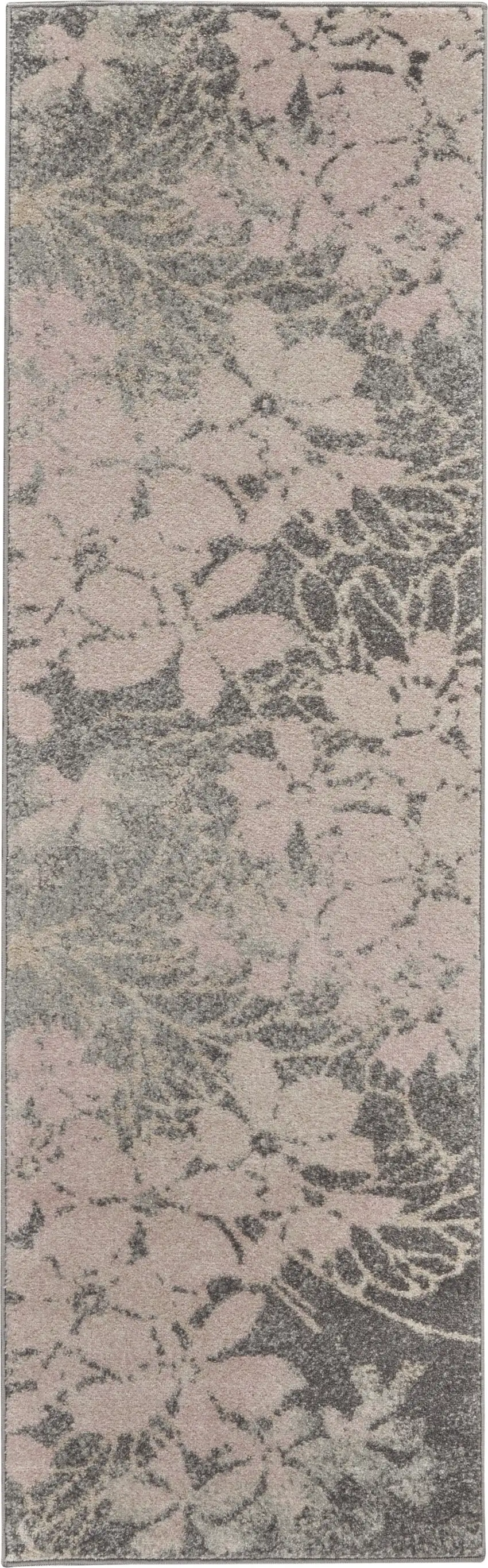 7' Gray And Pink Floral Runner Rug Photo 2