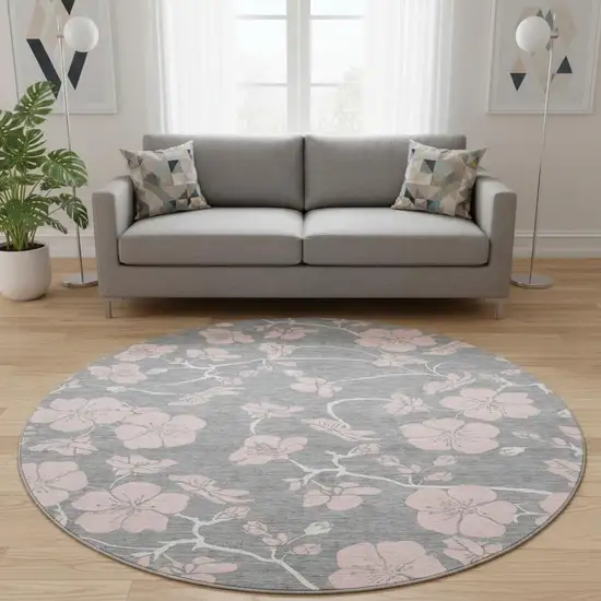 8' Gray And Pink Floral Washable Round Rug With UV Protection Photo 2