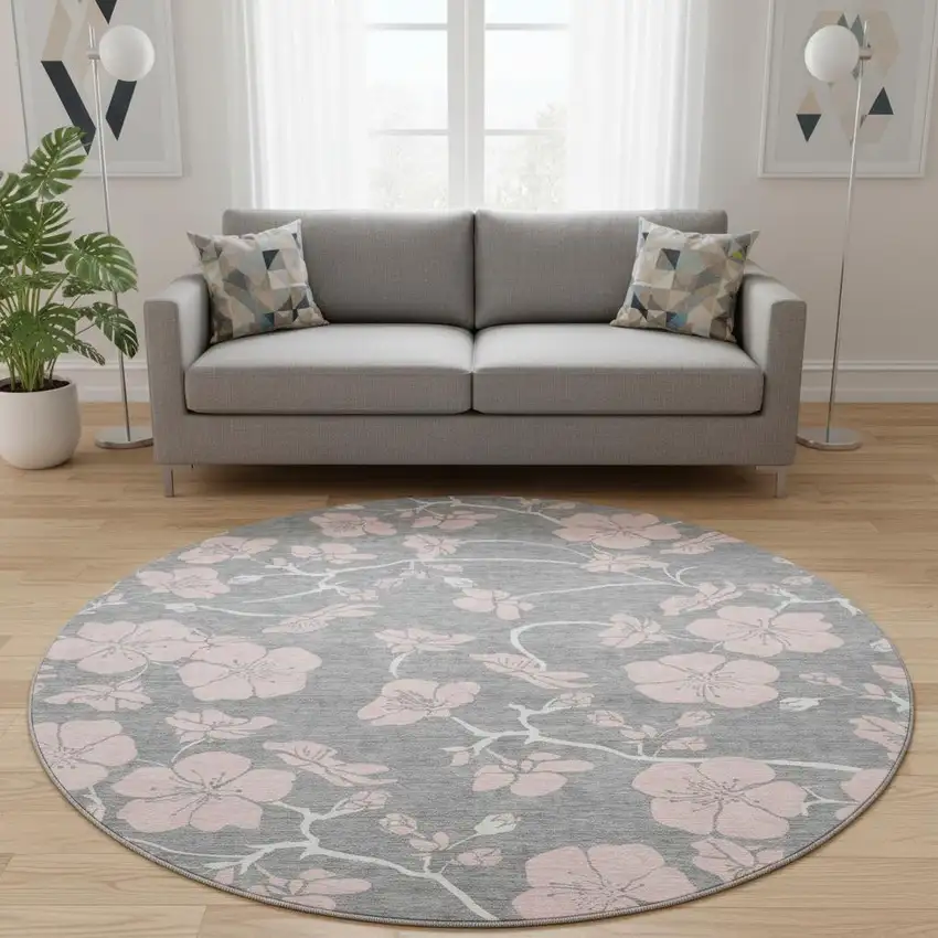 8' Gray And Pink Floral Washable Round Rug With UV Protection Photo 2