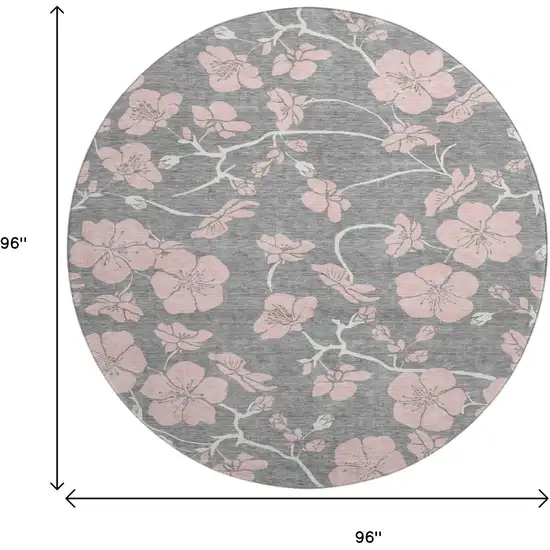 8' Gray And Pink Floral Washable Round Rug With UV Protection Photo 9