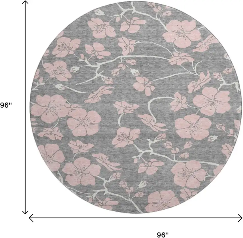 8' Gray And Pink Floral Washable Round Rug With UV Protection Photo 9