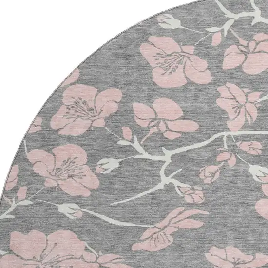 8' Gray And Pink Floral Washable Round Rug With UV Protection Photo 2