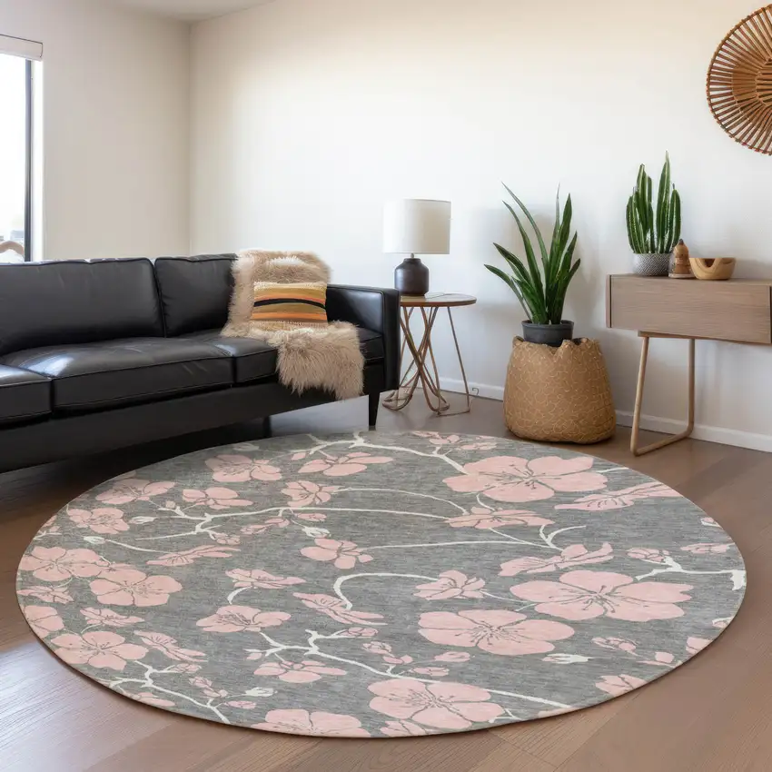 8' Gray And Pink Floral Washable Round Rug With UV Protection Photo 4
