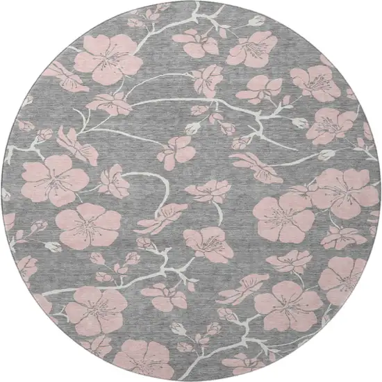 8' Gray And Pink Floral Washable Round Rug With UV Protection Photo 3