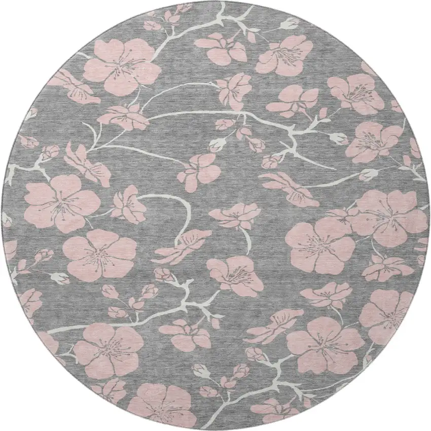 8' Gray And Pink Floral Washable Round Rug With UV Protection Photo 3