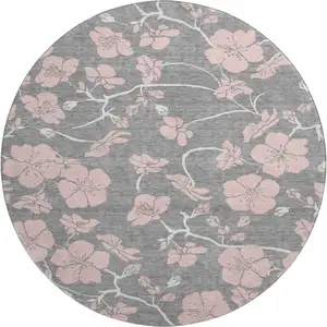 Photo of 8' Gray And Pink Floral Washable Round Rug With UV Protection