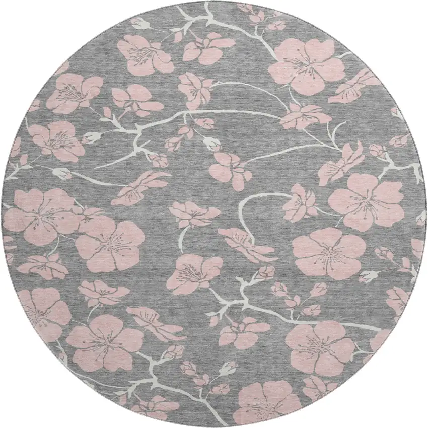 8' Gray And Pink Floral Washable Round Rug With UV Protection Photo 1
